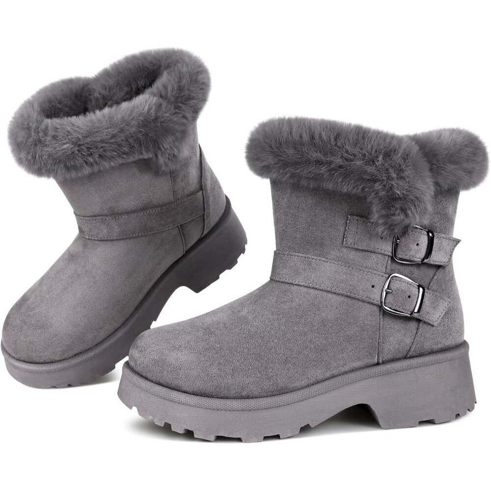 Women's Chunky Low Heel Snow Boots With Fashion Buckle Slip-On Booties Grey